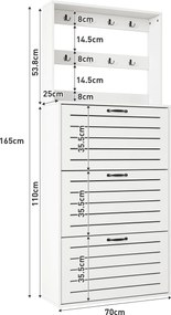 Dulap pentru pantofi cu 3 uși, raft pentru pantofi cu cârlige, 70x25x165 cm, Alb