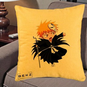 Perna Personalizata Bleach Ichigo Chibi cu Masca, 40x40 cm, Galben, Husa Detasabila, Perna Inclusa, BEKZ®
