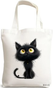 Sacosa de Panza pentru Cumparaturi, Geanta Tote, model The cat thinker 38 x 34.5 cm, Alba, BEKZ®
