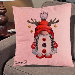Perna Decorativa Pitic Gnom Craciun cu Coarne de Ren, 40x40 cm, Roz, Husa Detasabila, Perna Inclusa, BEKZ®