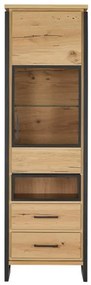 Vitrina Dreapta Reno Cu 1 Usa Si 2 Sertare, Smoked Oak, Furnir Din Lemn Masiv, 60 Cm