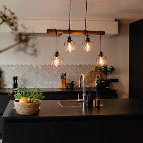 Lampă suspendată rustică neagră cu lemn 4 lumini - Stronk