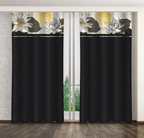 Draperie neagră clasică cu imprimare de flori de lotus Lățime: 160 cm | Lungime: 270 cm