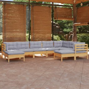 3096706 vidaXL Set mobilier de grădină cu perne gri, 9 piese, lemn masiv pin