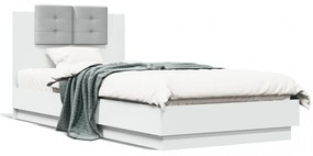 Cadru de pat cu tăblie și lumini LED, alb, 100x200 cm