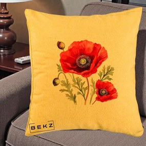 Perna Decorativa Maci Rosii Acuarela, 40x40 cm, Galben, Husa Detasabila, Perna Inclusa, BEKZ®