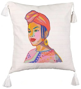 Perna Decorativa cu Franjuri, Model African Style, 45x45 cm, Ecru, Cu fermoar