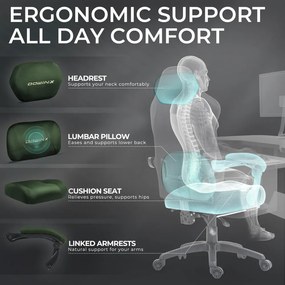 DOWINX – Scaun Gaming, Suport Lombar cu Masaj, Șezut cu Arcuri Metalice și Spumă, Rabatabil 90°-160°, Suport picioare, Rezistent 160 kg, material textil, Verde