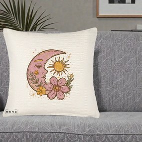 Perna Personalizata Luna si Soare Floral Boho, 40x40 cm, Crem Reliefat, Husa Detasabila, Perna Inclusa, BEKZ®