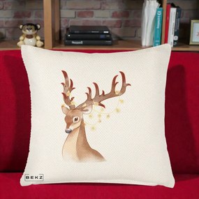 Perna Decorativa Ren cu Luminite de Craciun, 40x40 cm, Crem Reliefat, Husa Detasabila, Perna Inclusa, BEKZ®