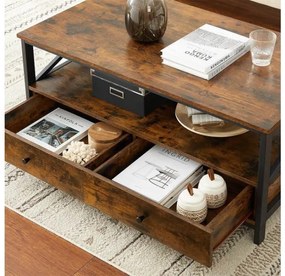Masuta de cafea cu 2 sertare si raft, 100 x 55 x 47 cm, PAL melaminat / metal, maro, Vasagle