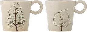 Set 2 căni din ceramică artizanală natur cu finisaj antichizat și motive botanice cu frunze, 9×9 cm, "Aubrin"