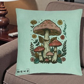 Perna Decorativa Ciuperci Vintage Floral, 40x40 cm, Verde Menta, Husa Detasabila, Perna Inclusa, BEKZ®