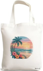 Sacosa de Panza pentru Cumparaturi, Geanta Tote, model Tropical Sunset 5 38 x 34.5 cm, Alba, BEKZ®