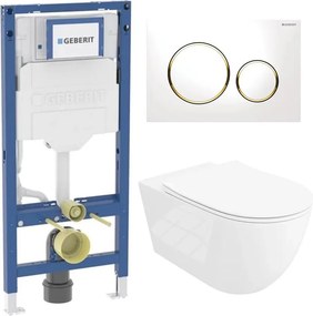 Rezervor WC cu cadru incastrat Geberit Duofix UP320 cu sistem de fixare, clapeta de actionare Sigma20 alb-auriu plus vas WC Rune Ivaldi Grande alb cu capac softclose
