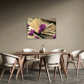 Tablou pe sticlă cu carte și floare violetă (70x50 cm)