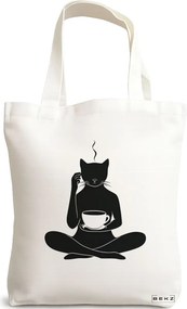 Sacosa de Panza pentru Cumparaturi, Geanta Tote, model Caffeine Cat 17 38 x 34.5 cm, Alba, BEKZ®
