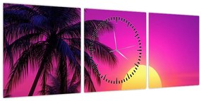 Tablou - Apus violet cu palmier (cu ceas) (90x30 cm)