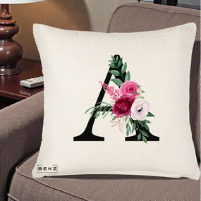 Cadou Personalizat - Perna Personalizata Monograma Florala Litera A, 40x40 cm, Crem Reliefat, Husa Detasabila, Perna Inclusa, BEKZ®