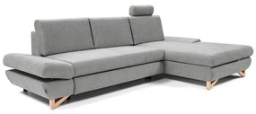 Colțar extensibil AVESTA, tapițat, cu spațiu de depozitare, în formă de L, cu șezlong pe partea dreaptă, gri