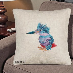 Perna Decorativa Pasare Martin Pescar Acuarela Albastru-Mov, 40x40 cm, Bej Canapea, Husa Detasabila, Perna Inclusa, BEKZ®