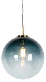 Lampă suspendată Art Deco din alamă cu sticlă albastră ocean 33 cm - Pallon