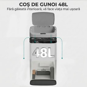 HOMCOM Coș de gunoi cu senzor 48L, închidere lentă, suprafață antiamprentă, din inox, argintiu | Aosom Romania