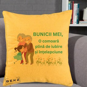 Cadou pentru Bunici - Perna Personalizata Bunicii Mei Comoara Iubire Intelepciune Nepoata, 40x40 cm, Galben, Husa Detasabila, Perna Inclusa, BEKZ®