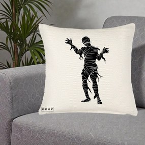 Perna Decorativa Mormii Infricosat Silueta Neagra Halloween, 40x40 cm, Crem Reliefat, Husa Detasabila, Perna Inclusa, BEKZ®