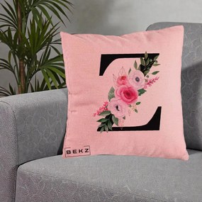 Cadou Personalizat - Perna Personalizata Monograma Florala Litera Z cu Buchet, 40x40 cm, Roz, Husa Detasabila, Perna Inclusa, BEKZ®