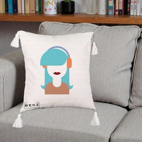 Perna Decorativa Fata cu Casti Muzica Grafic, 40x40 cm, Bej cu Franjuri, Husa Detasabila, Perna Inclusa, BEKZ®