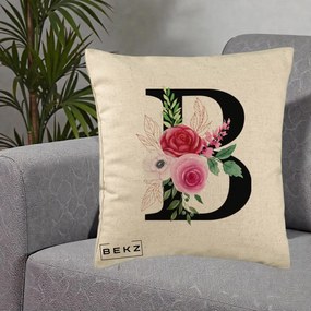 Cadou Personalizat - Perna Personalizata Monograma Florala Litera B, 40x40 cm, Bej, Husa Detasabila, Perna Inclusa, BEKZ®
