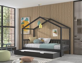 Set DALLAS în antracit format dintr-un Pat copii Vipack cu gard (90 x 200 cm) și un sertar.