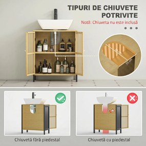 HOMCOM Dulap de Baie Sub Chiuvetă, Dulap de Depozitare, Chiuvetă Bambus, Unitate de Baie cu 2 Uși cu Lamele,  60x30x70 cm, Natural | Aosom Romania