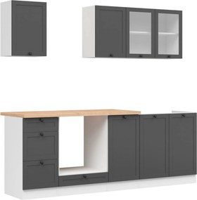 Set bucatarie JUNONA LINE, gri grafit/alb, PAL, 220 cm, cu blat stejar
