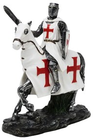 Statueta Cavaler Medieval Templier pe Cal 22 cm, alb cu rosu