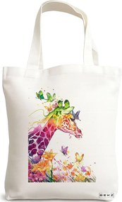 Sacosa de Panza pentru Cumparaturi, Geanta Tote, model Colorful Giraffe, 38x34.5 cm, Alba, BEKZ®