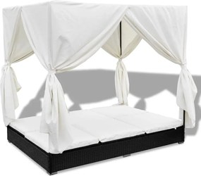 vidaXL Pat șezlong de exterior cu perdele, negru, poliratan
