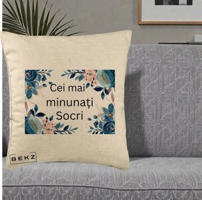 Cadou pentru Socri - Perna Personalizata Cei mai Minunati Socri cu Flori Albastre si Roz, 40x40 cm, Bej, Husa Detasabila, Perna Inclusa, BEKZ®