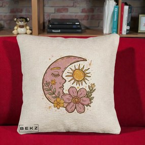 Perna Personalizata Luna si Soare Floral Boho, 40x40 cm, Bej Canapea, Husa Detasabila, Perna Inclusa, BEKZ®