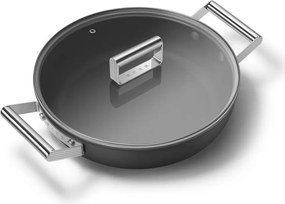 Oală joasă cu capac Smeg DPF2812BLM, 28 cm, 4,3 l, acoperire ceramică antiaderentă, potrivită pentru cuptor până la 250 °C, fără PFAS, compatibilă cu plitele cu inducție, negru