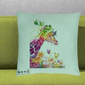 Perna Decorativa Girafa Curcubeu Acuarela, 40x40 cm, Verde Menta, Husa Detasabila, Perna Inclusa, BEKZ®
