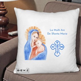 Cadou de Onomastica - Perna Personalizata Sfanta Marie Icoana Acuarela, 40x40 cm, Alb Pufos, Husa Detasabila, Perna Inclusa, BEKZ®