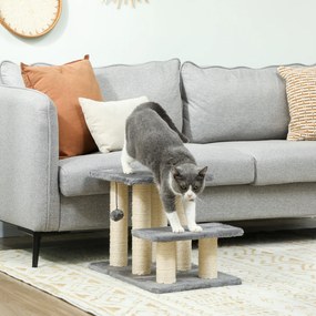 PawHut Scară pentru Câini și Pisici cu 3 Trepte din Pluș și Stâlpi Zgâriători din Sisal, Capacitate 10 kg, Gri | Aosom Romania