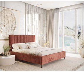 Pat matrimonial cărămiziu tapițat cu spațiu de depozitare cu somieră 160x200 cm Etero – Maison de Rêve