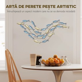 HOMCOM Artă de Perete cu Banc de Pești și Șuruburi Incluse pentru Casă și Birou, Decor Metalic, 99,7x3,8x50,2 cm, Auriu și Albastru | Aosom Romania