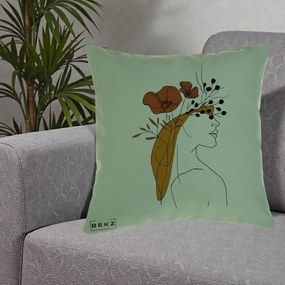 Perna Decorativa Portret Feminin Maci Rosii Auriu, 40x40 cm, Verde, Husa Detasabila, Perna Inclusa, BEKZ®