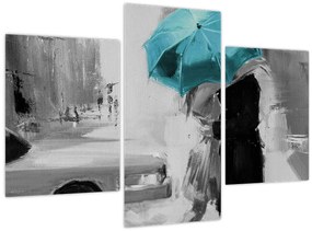 Tablou - Cuplu în dragoste cu umbrelă, albastru (90x60 cm)
