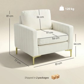 HOMCOM Fotoliu pentru living tapițat cu catifea căptușeală groasă șezut lat cotiere pernă 81x77x81 cm crem | Aosom Romania