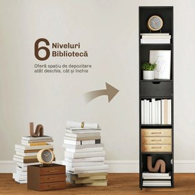 HOMCOM Bibliotecă cu 4 Rafturi Deschise, Dulap și Sertar, 30x24x158 cm, Negru | Aosom Romania